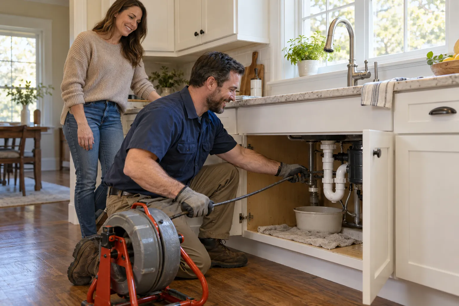 A friendly local plumber clearing a kitchen sink drain in a Fate home