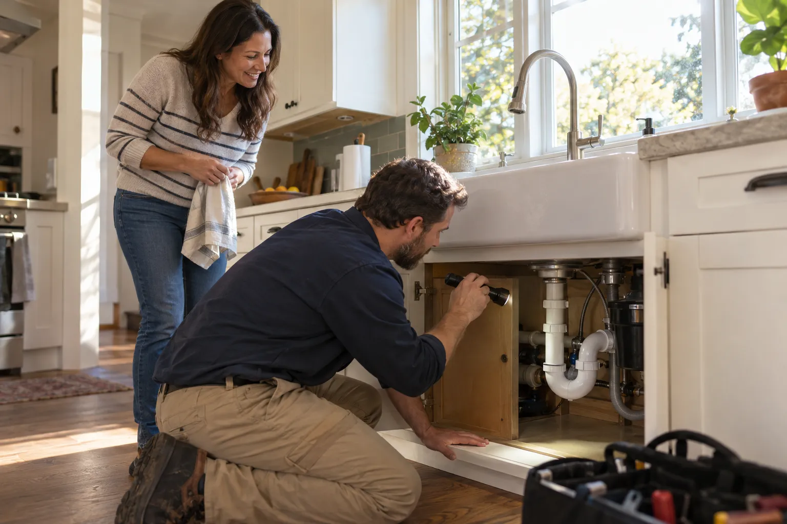 Homeowner in a bright kitchen checking under the sink while a plumbing provider looks at the pipes in Fate