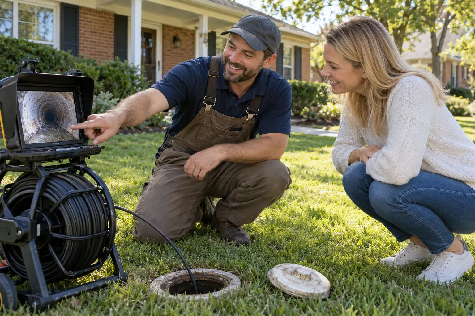 A friendly local provider reviewing a sewer camera screen with a homeowner in a yard in Fate